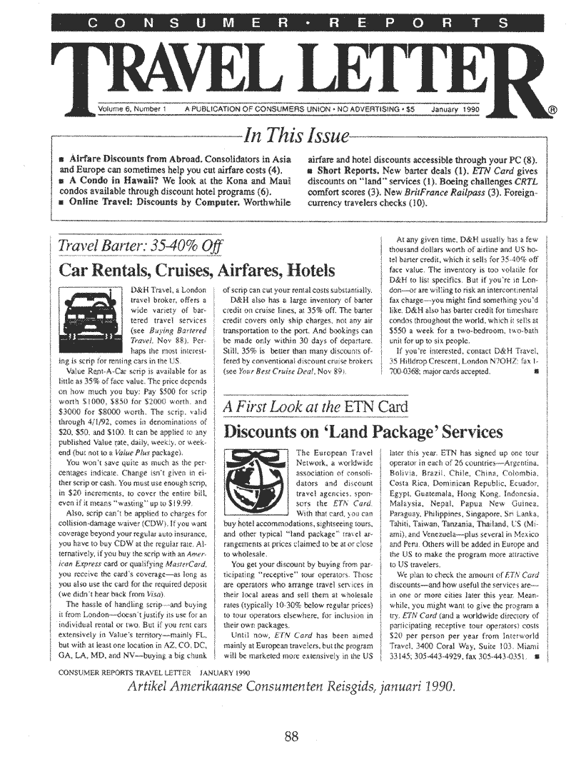 Artikel over ETN Card in Consumers Report Travel Letter, USA, Januari 1990